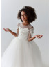 Three Quarter Sleeve Ivory Lace Tulle Sheer Back Floor Length Flower Girl Dress